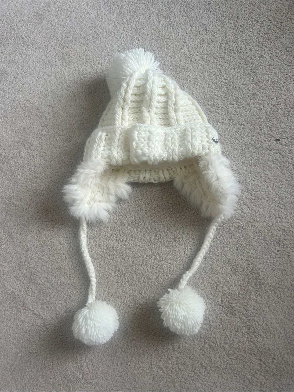 Cream Knit Pom-Pom Earflap Hat with Faux-Fur Trim